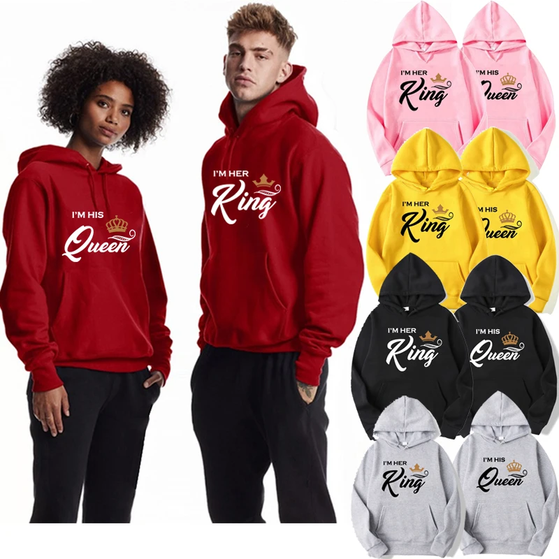 New Fashion King and Queen Printing Couple Matching His and Her Couple Outfit Hooded  Sweatshirt Pullover Casual Hoodies