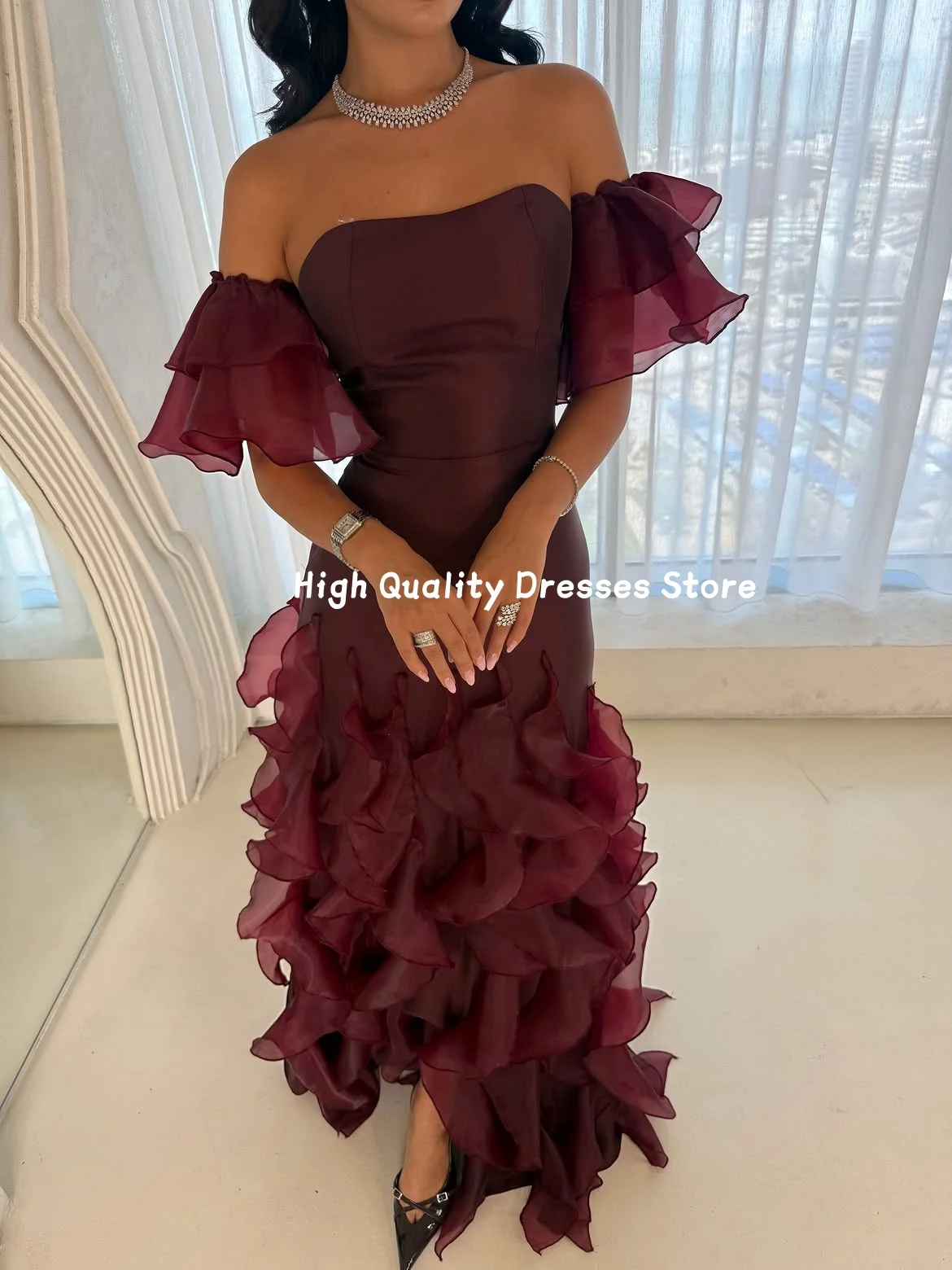 Evening Dresses Strapless Off-The-Shoulder Tiered Organza Flutter Sleeves Layered Ruffle Mermaid Long Formal Outfit Customized ﻿