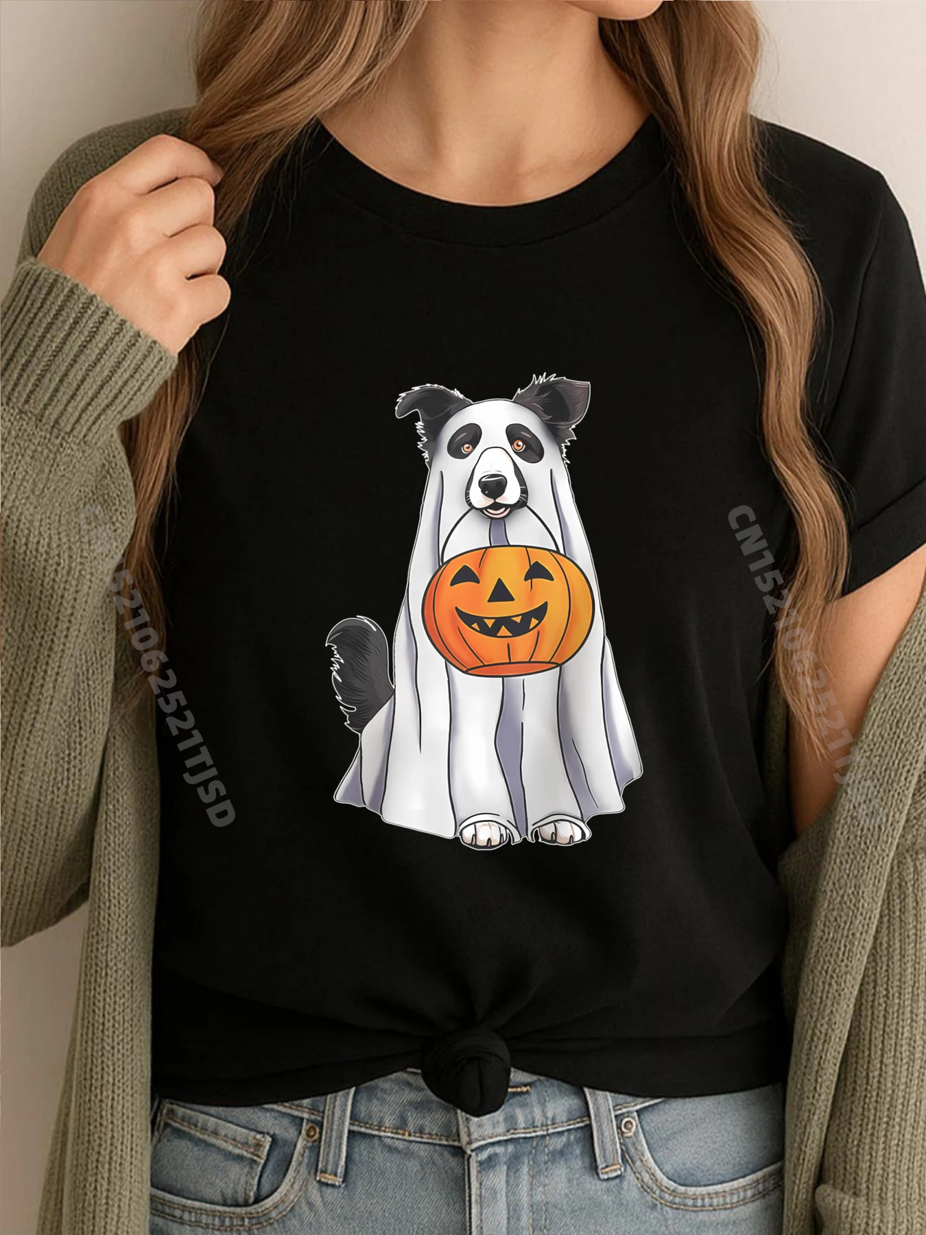 

Border Collie Ghost Pumpkin Halloween Costume Fall Graphic T Shirts Woman Oversized T-Shirt Washed