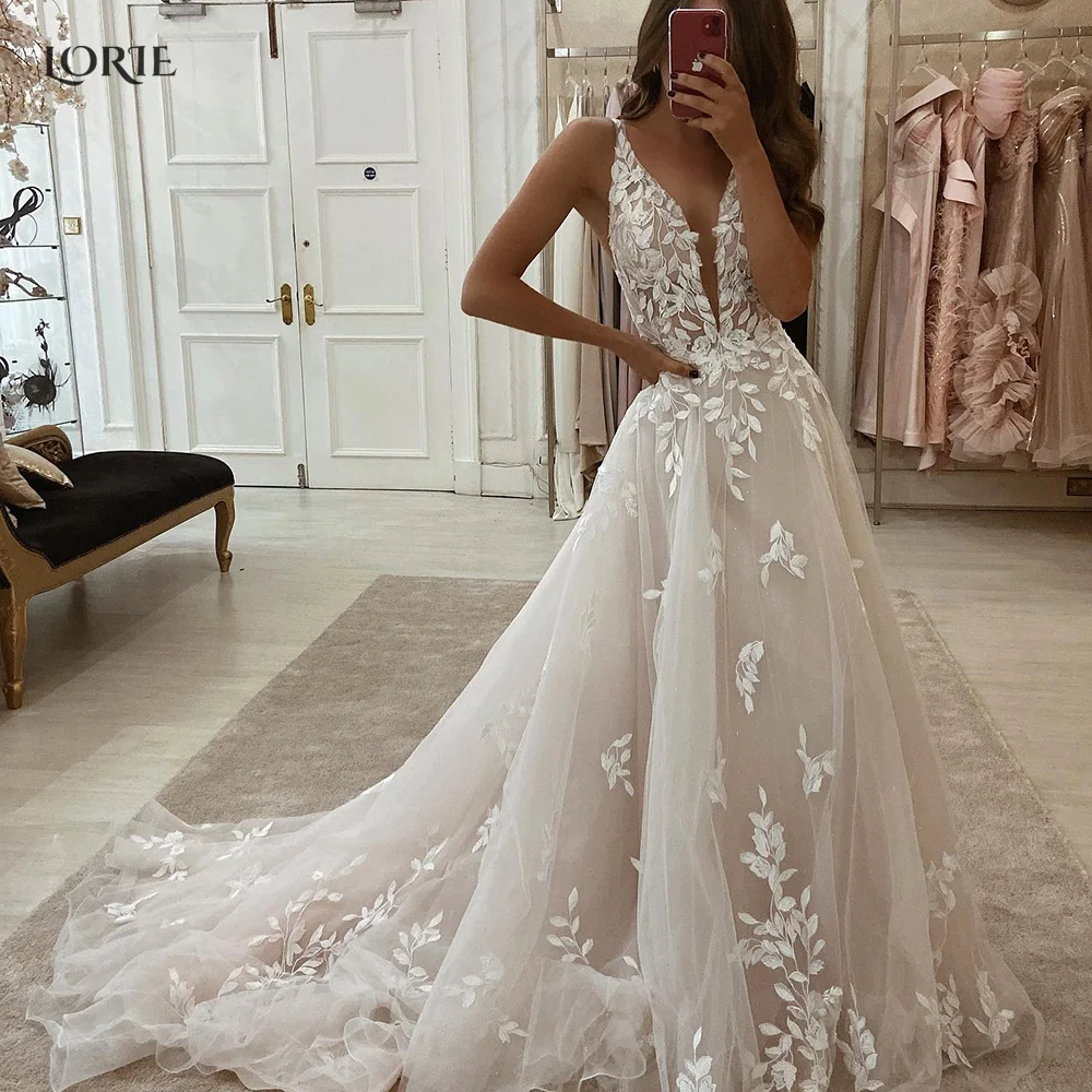 LORIE Boho Lace Elegant Wedding Dresses Low-Cut V-Neck Appliques A-Line Bride Gowns Princess Spaghetti Straps Bridal Gown party