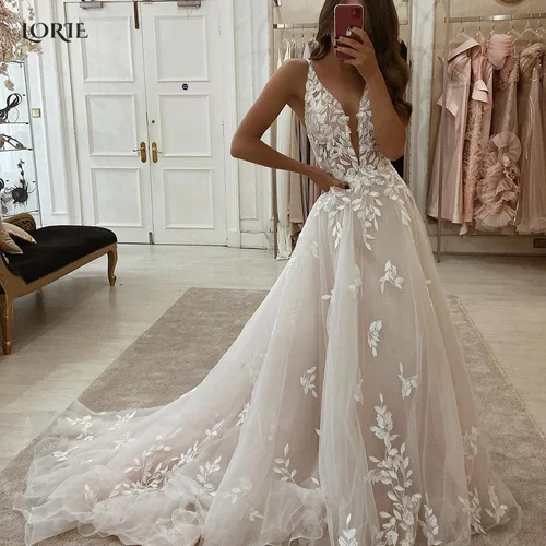 Imagen 2 del producto LORIE vestidos de novia elegantes de encaje bohemio, apliques de cuello en V de corte bajo, vestidos de novia de princesa con tirantes finos, vestido de novia personalizado