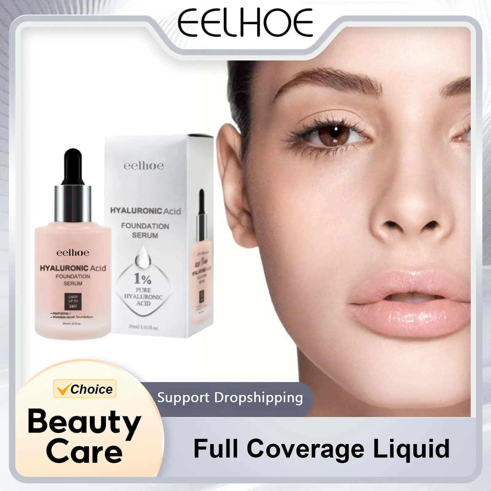 EELHOE Full Coverage Liquid Foundation Hyaluronic Acid Moisturize Base Makeup Waterproof Lasting Matte Concealer Pores Invisible