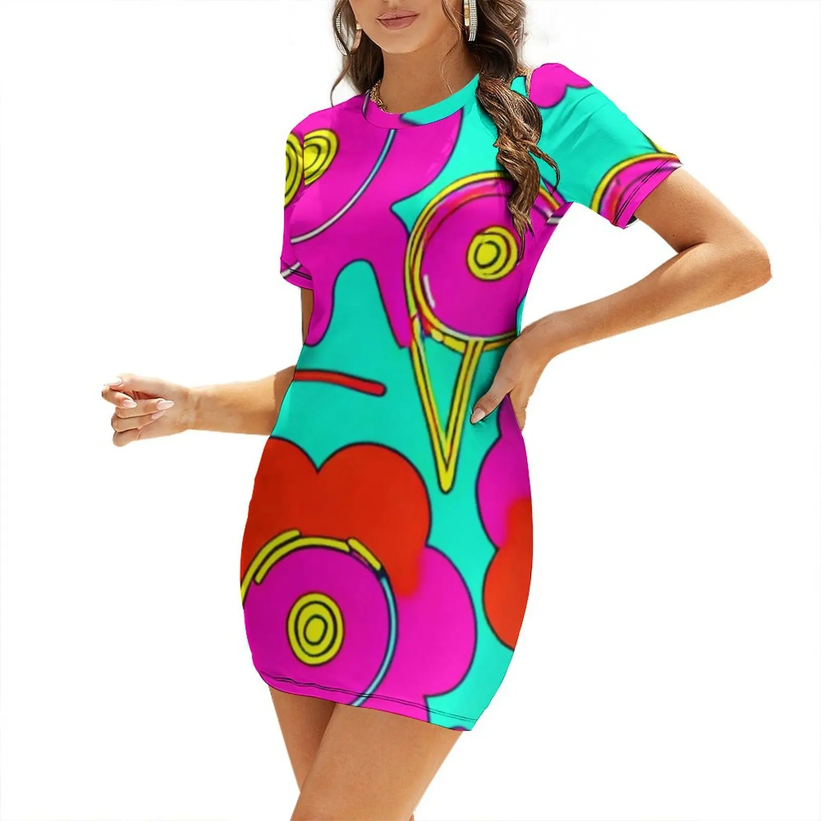 

60s Style Neon Flowers ,gifts,funny cool flower Short-Sleeved Dress dress party night Dress