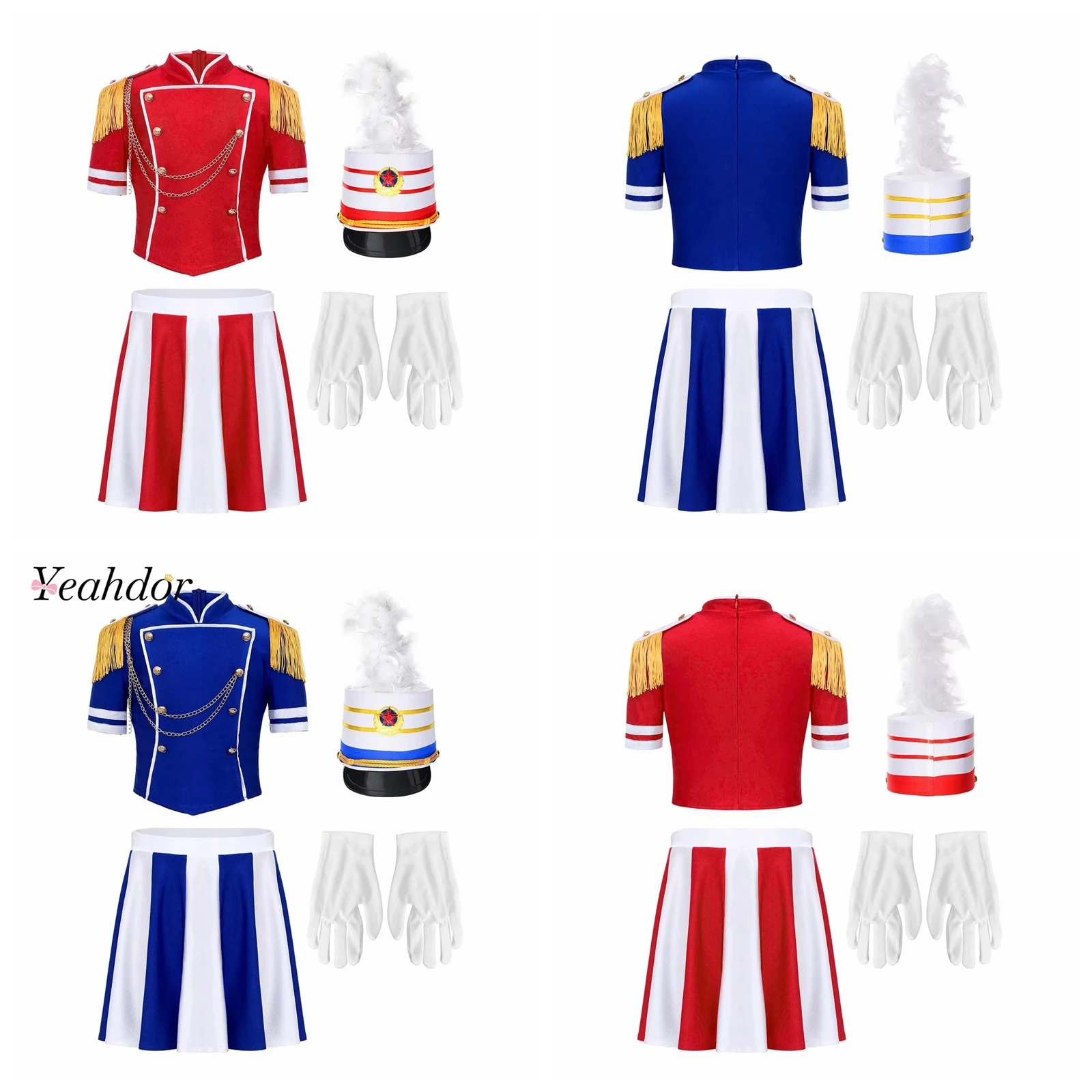 Kids Girls Drum Majorette Outfit Festival Marching Band Team Uniforms Top with Skirt Ceremonial Hat Gloves for Halloween Costume