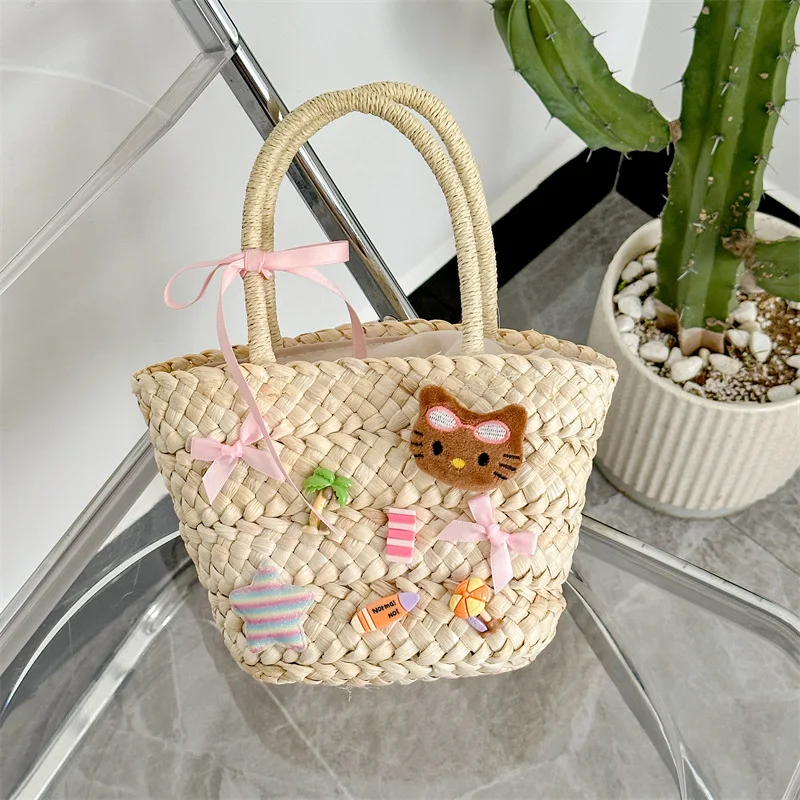 

Limited Edition Sanrio Hello Kitty Summer Beach Bag Cute Woven handbag Small Shoulder Bag for Women Girls