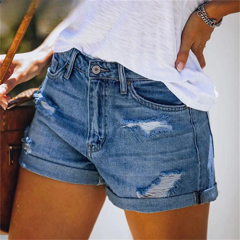 

New Women Fashion Ripped High Waisted Rolled Denim Shorts Vintage Hole Summer Casual Pocket Short Jeans Ladies Hotpants Shorts