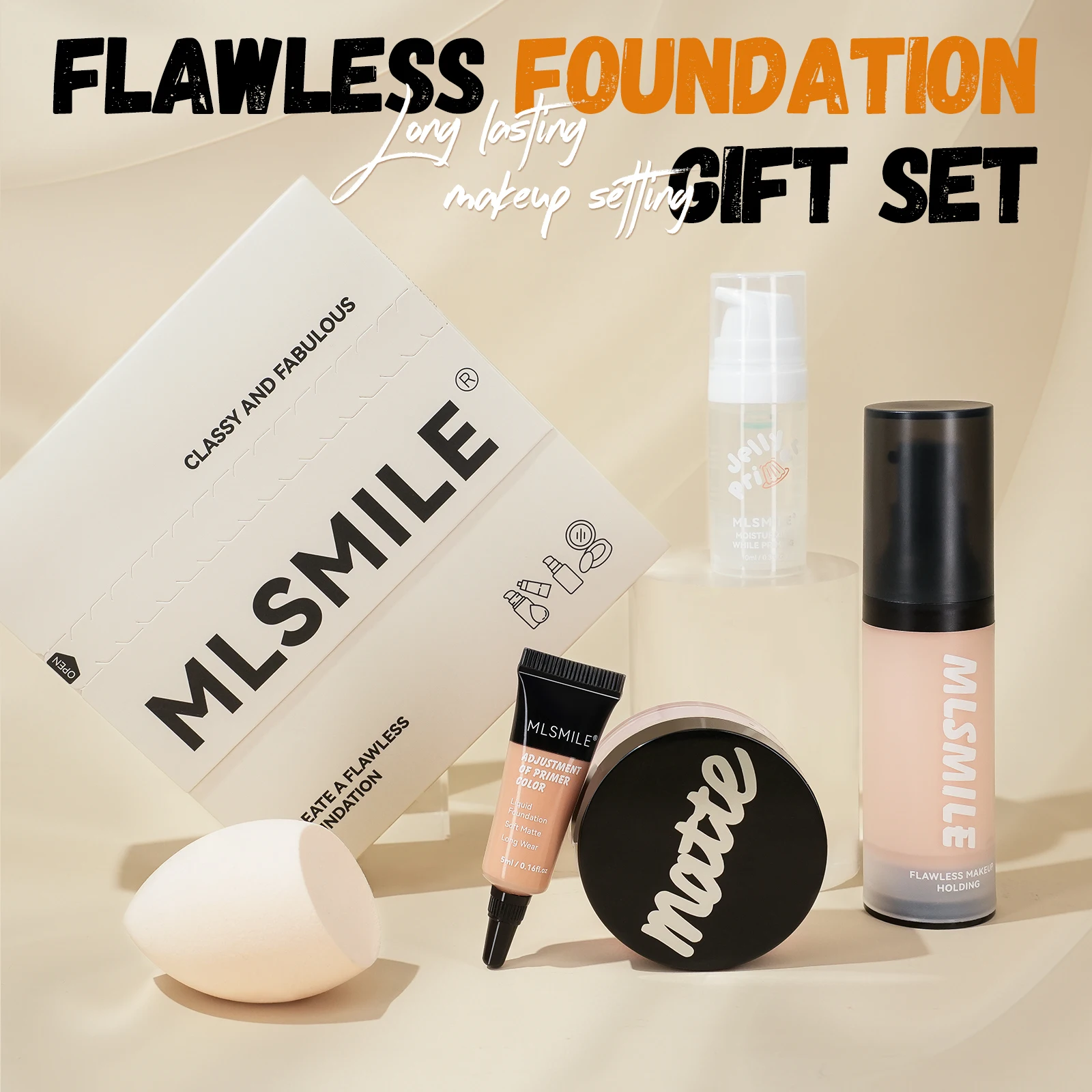 MLSMILE 5 Face Set Matte Loose Powder Foundation Primer มาพร้อมตัวอย่างรองพื้นเมคอัพไข่