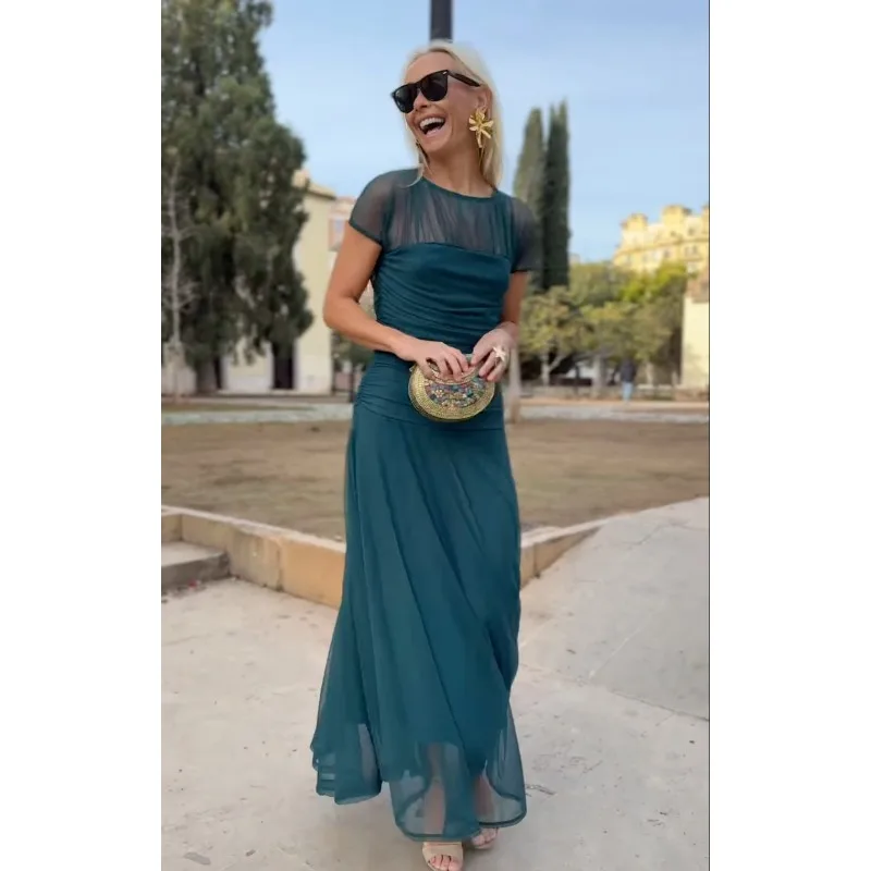 Summer Sexy Women Mesh Sheer Ruched Bodycon Evening Dress Elegant Corset Short Sleeve Flowy Guest Mermaid Cocktail Long Dress