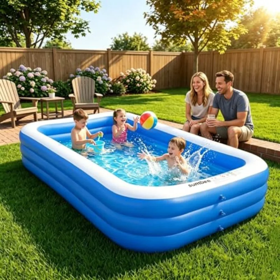 Inflatable Swimming Pool for Backyard Outdoor Use PVC Blue Large Rectangle 120 X 72 X 22 Durable Full-Sized Pool for Ages 4-12