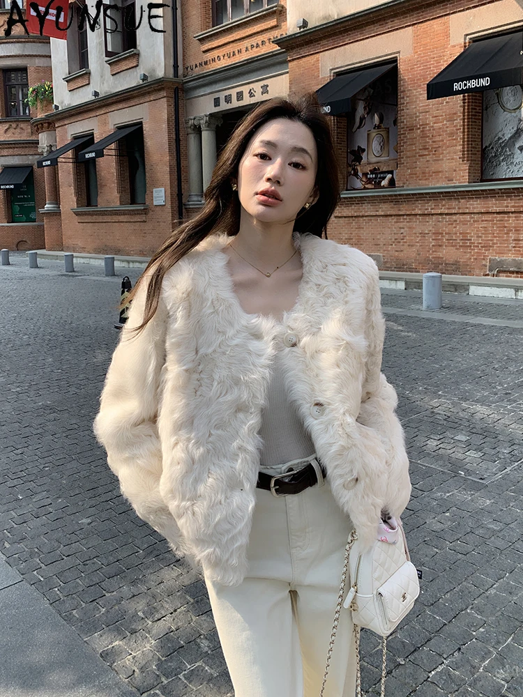 AYUNSUE 2025 سترة شيرلينغ امرأة لينة خفيفة سترات من الصوف الطبيعي للنساء ملابس قصيرة عالية الجودة الفراء سترة Abrigo Mujer