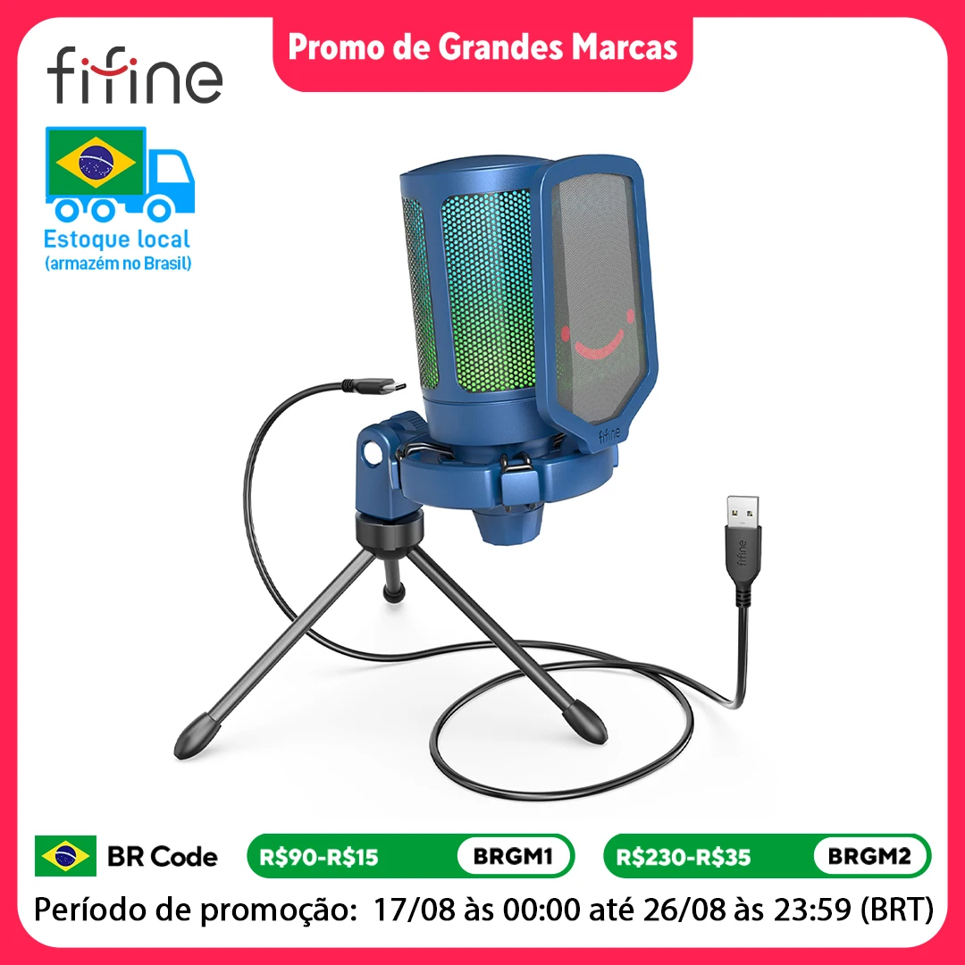 Microfone USB para Jogos FIFINE A6V, Microfone iF Design Premiado com Filtro Pop/Suporte Antichoque, Som HD 192kHz e RGB para PC/PS4/5/Mac
