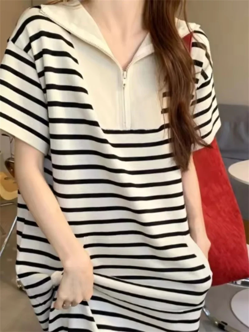 ファッションポロネックストライプ半袖ワンピース 2025 新作 夏 ルーズ Aライン ロングワンピース 韓国風 カジュアル Tシャツワンピース レディース