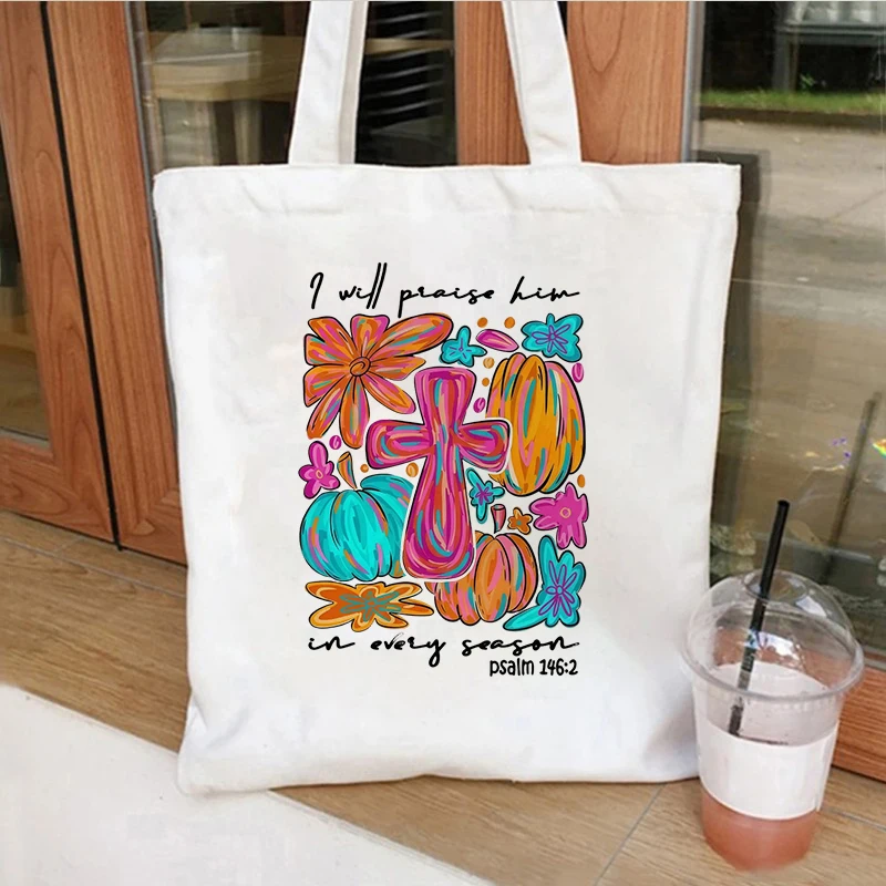 

Bolsos de compras bohemios con estampado de calabaza y Cruz de calabaza Floral bolsos de lona Harajuku de gran capacidad