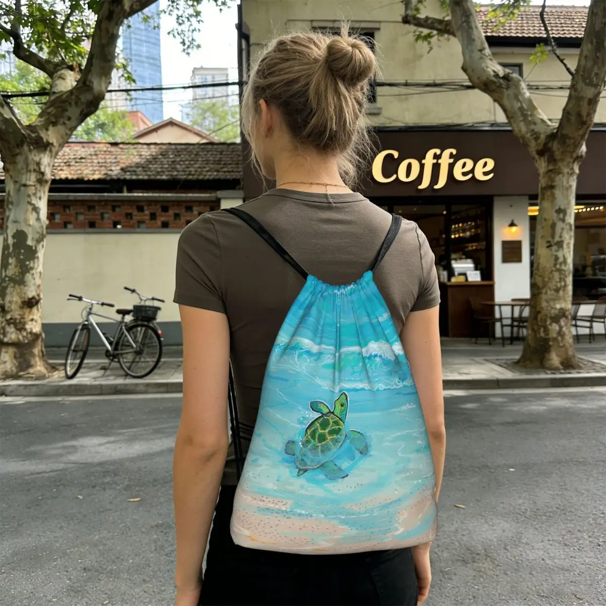 Sea Turtle On The Beach Backpacks Portable Drawstring Bags Storage Bag Book Bags for Travel Students