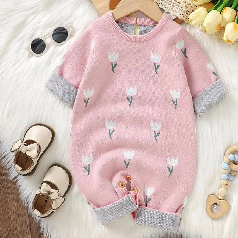 Autumn Winter Baby Clothes Boy Girl Tulip Long Sleeve Romper Newborn Knitwear Infant Knit Casual Jumpsuit Fashion Kid One-piece