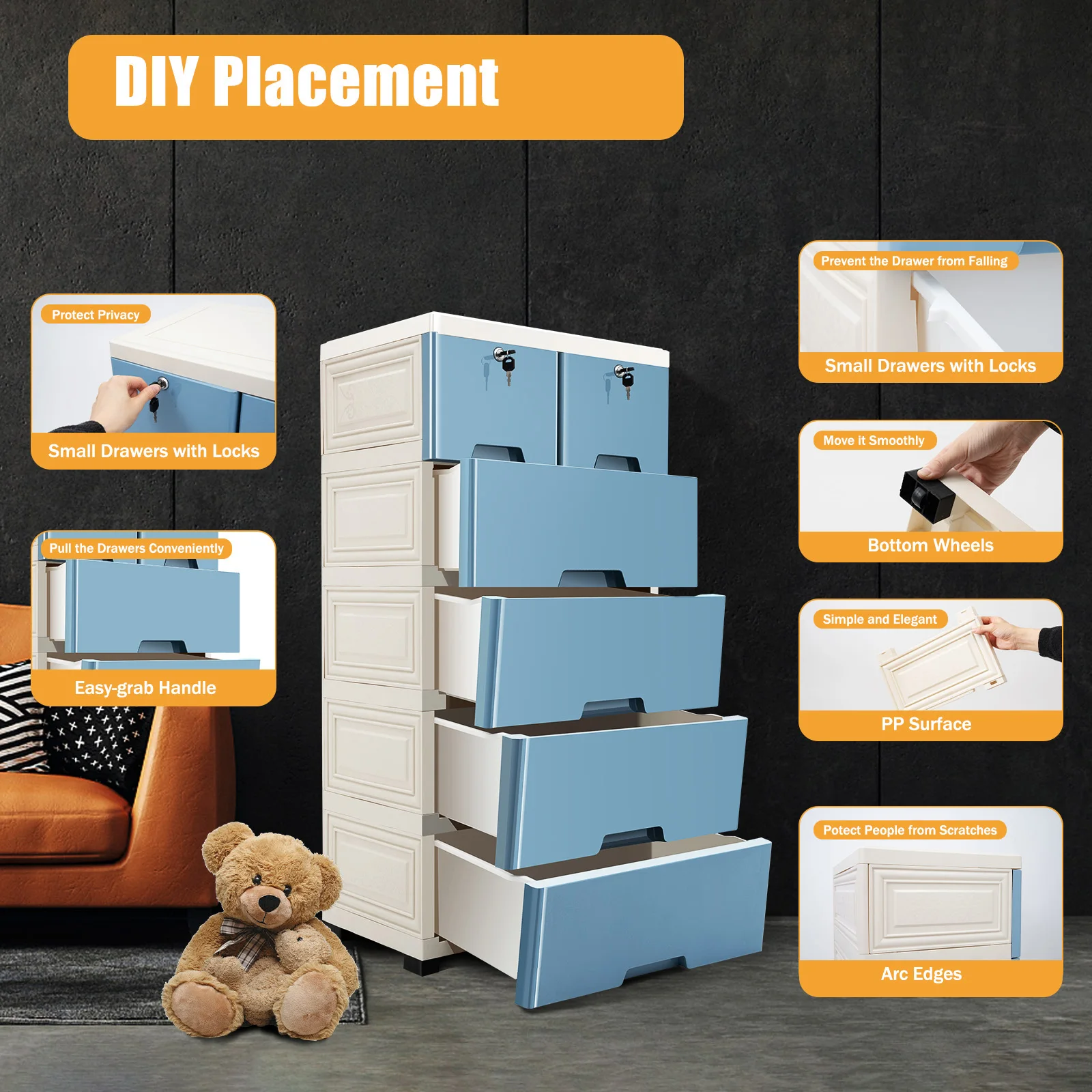 

Rectangle Storage Box Plastic Drawers Dresser DIY Placement 50*35*102 cm With Waterproof PP Surface