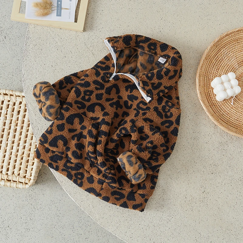 Suefunskry Toddler Girl Boy Winter Warm Coat Fuzzy Long Sleeve Stand Collar Leopard Print Zipper Closure Kid Outwear 3-7Years image 3