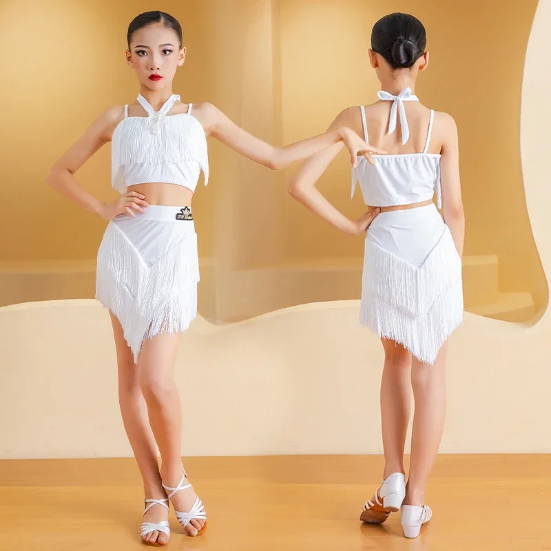 

2024 New Latin Dance Suit Girls' Practice Dress, Tassel Latin Skirt White Grade Examination Children's Competition Costume