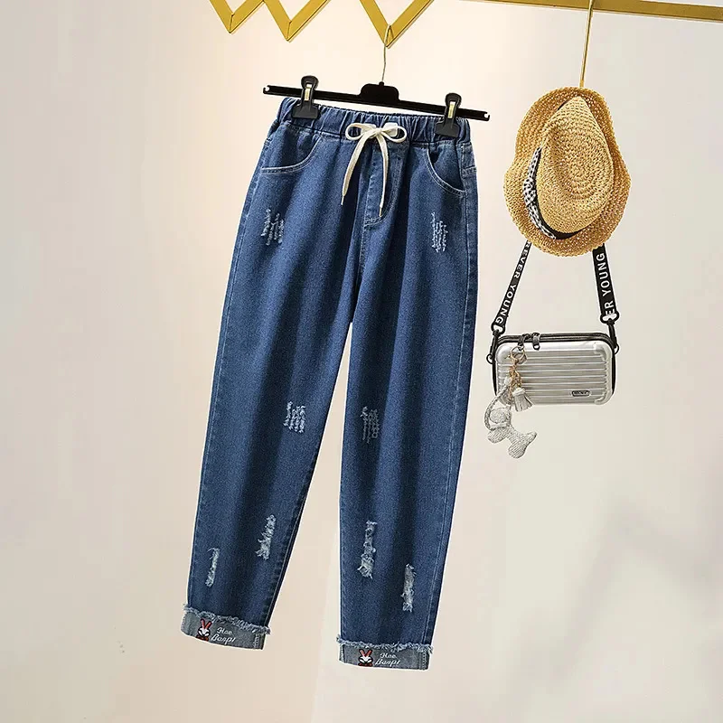 Korean Women's Jeans Spring Autumn Stretch Waist Denim Pants Female Embroidery High Waisted College Harem Straight Pants