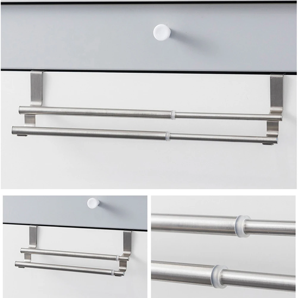 

Retractable Double Towel Bar Stainless Steel For Bathroom Kitchen Over Cabinet Door Storage Rack Smooth Durable No Drill