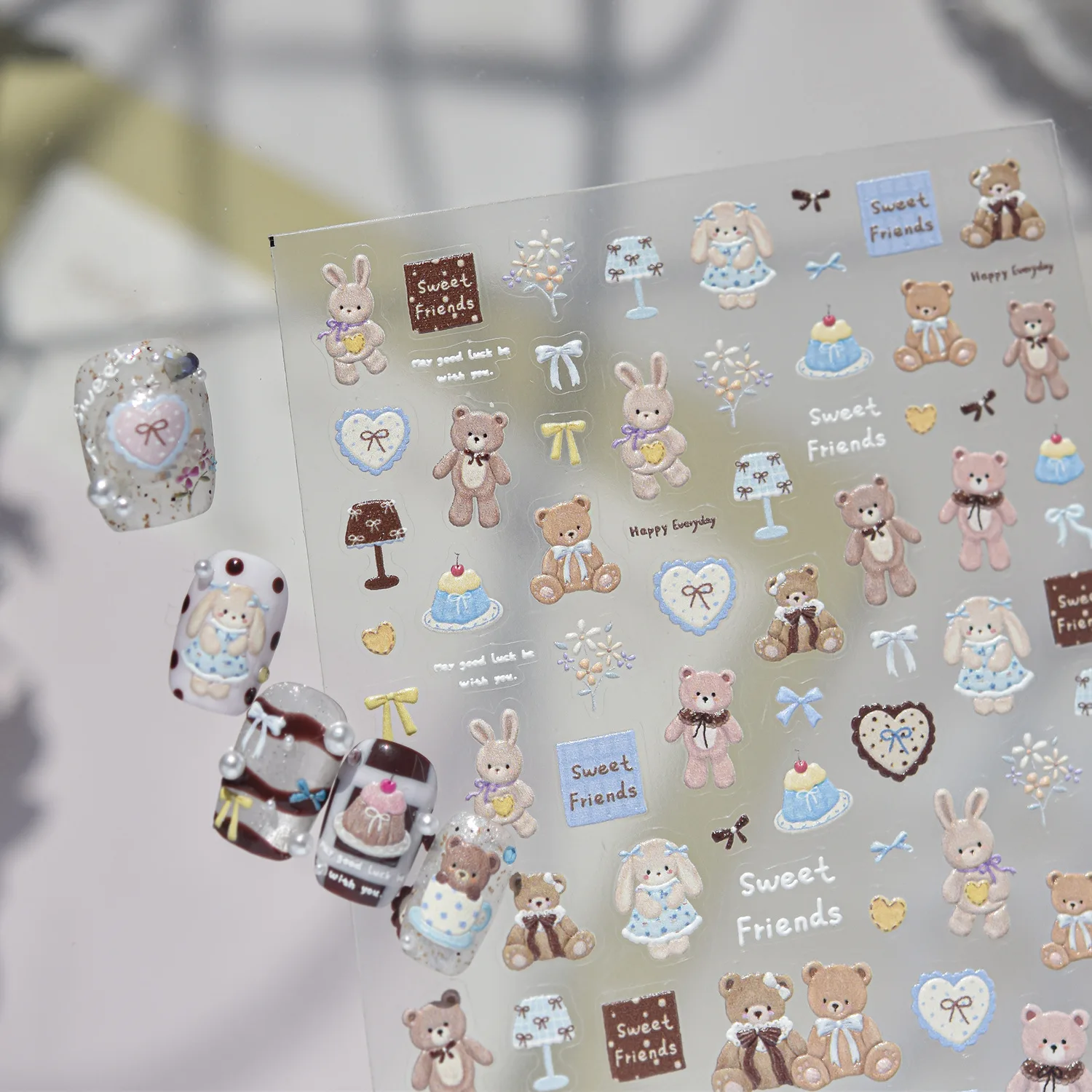 5D Retro Nail Art Stickers Cute Doll Fabric Bear Lop‑Ear Rabbit Cake Table Lamp Bow Self‑Adhesive Nail Decal Manicure for Women