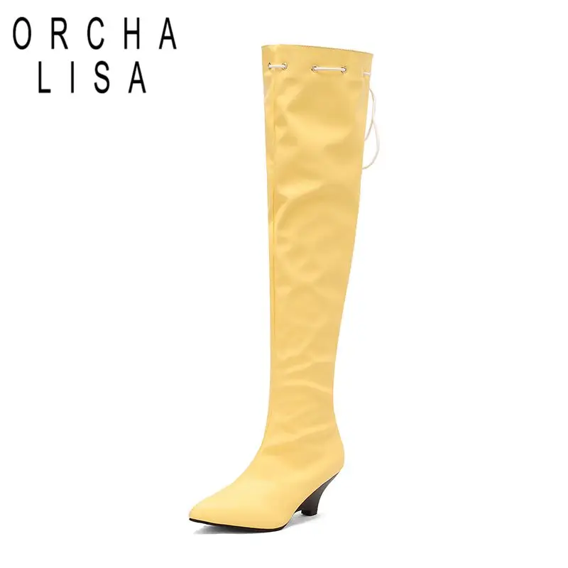 

ORCHA LISA 2025 Sexy Female Thigh Boots Pointed Toe Wedges 6.5cm Slip On Lace Up Plus Size 46 47 48 Fashion Party Stretch Bota