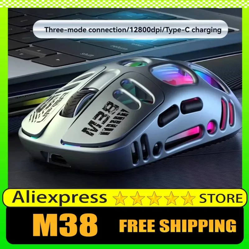 

Беспроводная игровая мышь M38, трехрежимный скелет, 12800 точек на дюйм, легкая, с низкой задержкой, эргономичная, для киберспорта, на заказ, RGB, аксессуары для ПК, подарки