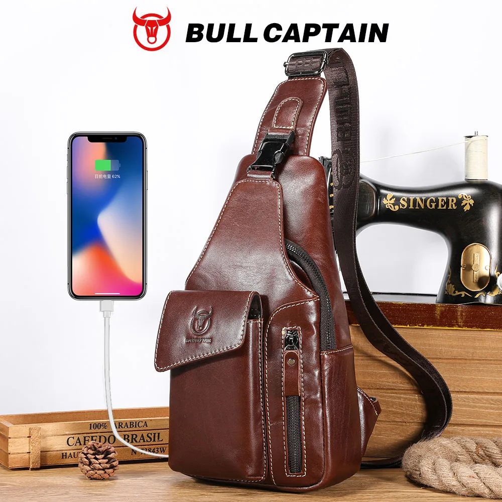 

BULLCAPTAIN Genuine Leather Sling Backpack for Men USB Charging Chest Bag Crossbody Shoulder Bag Casual Daypack for Work Travel