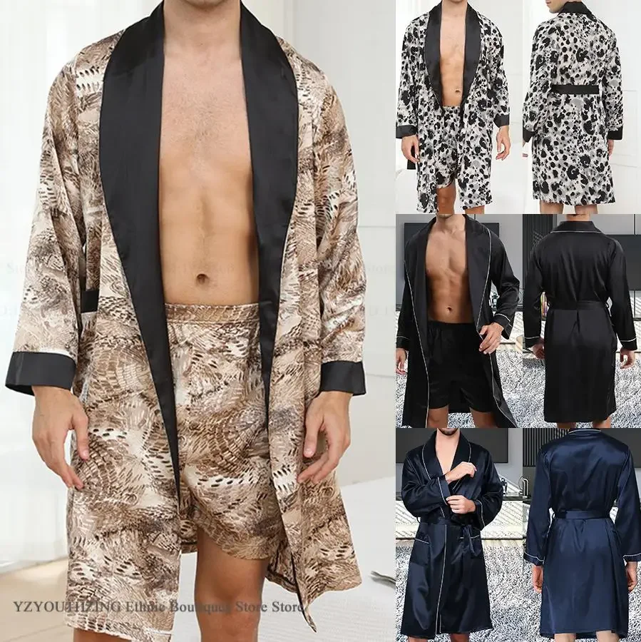

Fashion Snake Patterned Negligee Kimono Gown Bathrobe Men Sleewpear 2PCS Robe Pajamas Set Home Clothes Loose Satin Lounge Wear