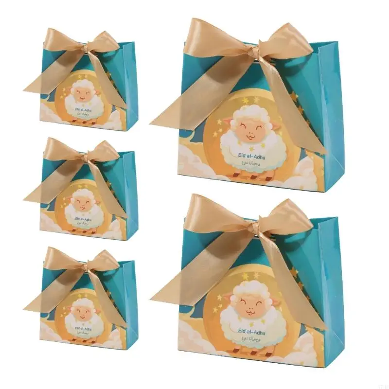 57BE Pack of 50 Eid Mubarak Reusable Gift Bags with Ribbon Bows Ornament for Wrapping Gifts and Party Celebration