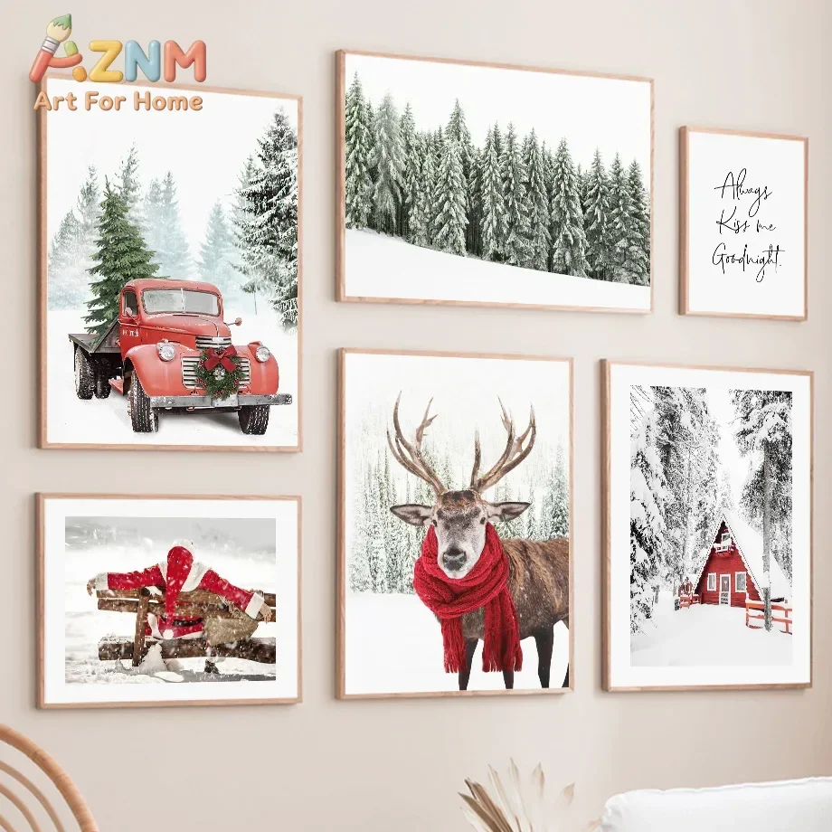 AZNM Christmas Winter Snow Forest Red Truck Deer Santa Canvas Wall Art, Frameless Nordic Holiday Canvas Print Poster for Living