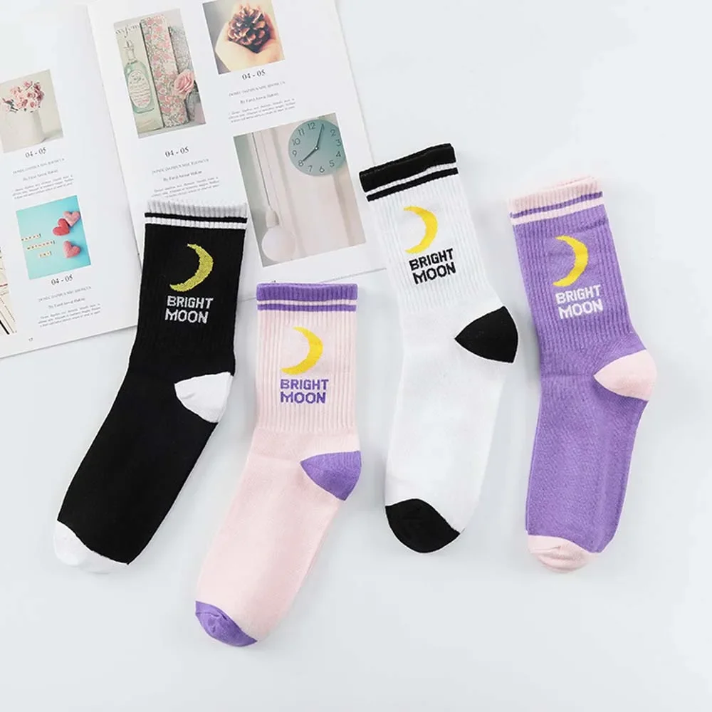 

Harajuku Korean Cotton Socks Bright Moon English Letter Sock Woman Fun Hip Hop Skateboard Streetwear Middle Tube Soft Calcetines