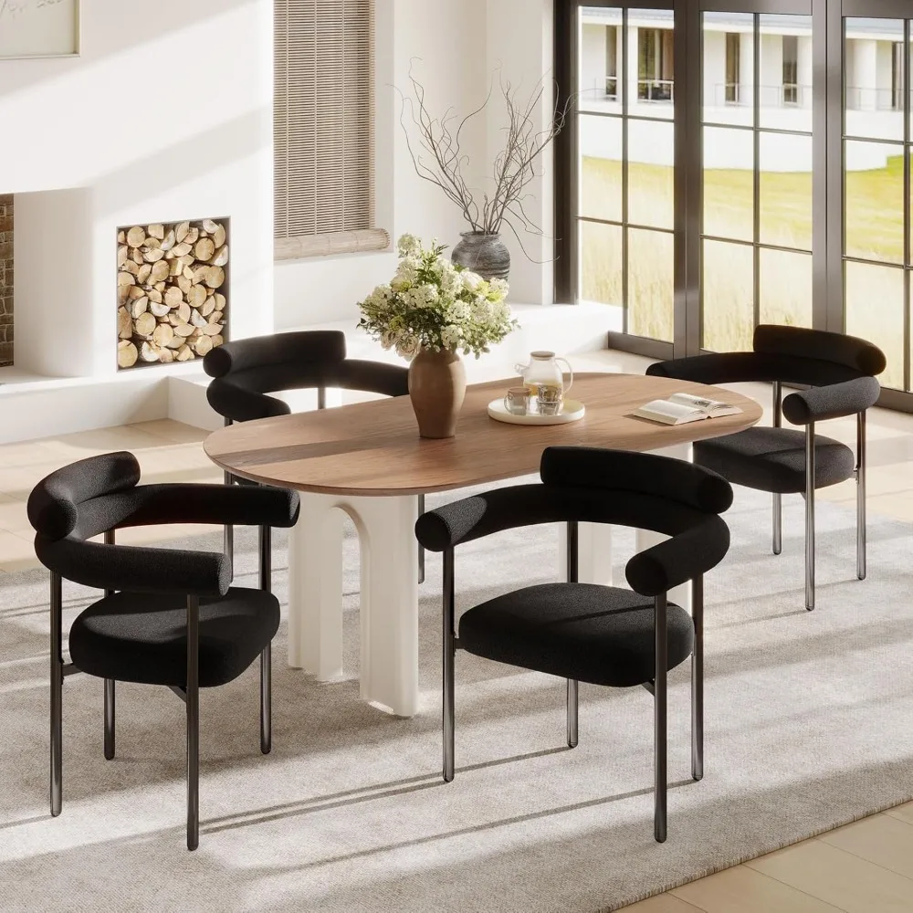 

Modern Black Dining Chairs Set of 4 for Kitchen & Dining Room, Boucle Dining Chair with Arms, Barrel Dinner Chairs with Metal L