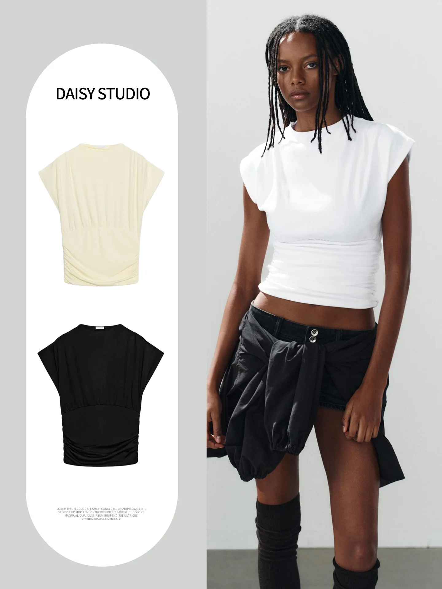 Fall New Women's Minimalist Style Straight Collar Ultra Short Sleeve Pleated Waist Belt Decorated Top Casual Loose Fit Polyes...