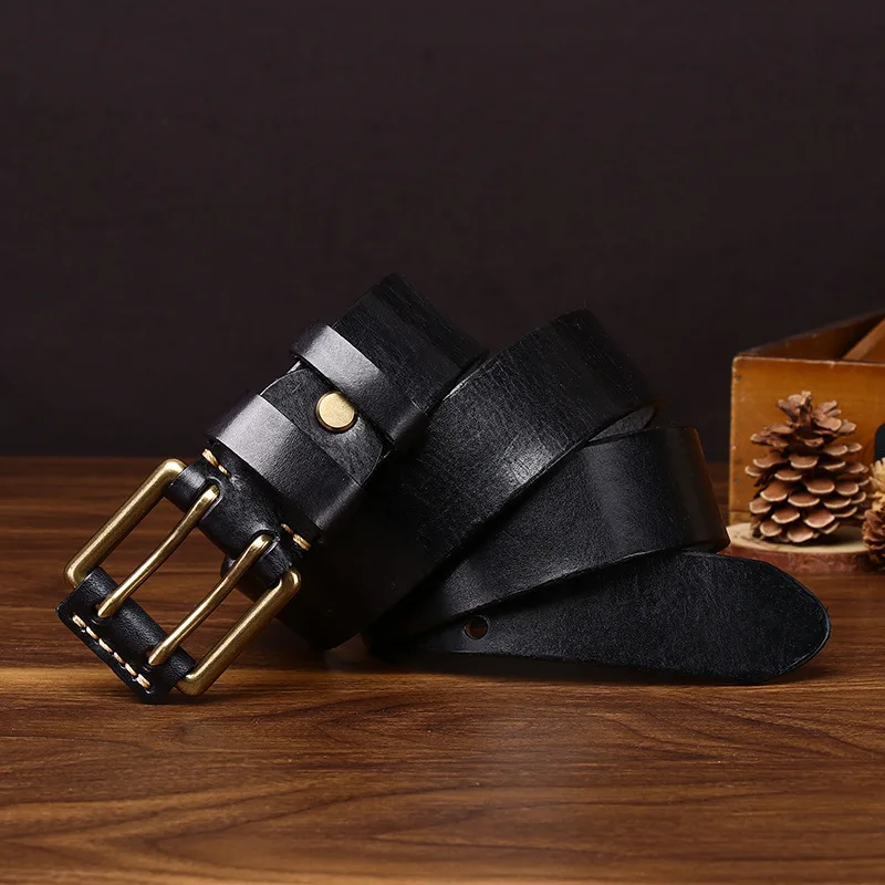 38cm-新しいメンズ本革ベルト、メンズ純牛革ヴィンテージカジュアルデニムダブルニードル銅バックルストラップベルト