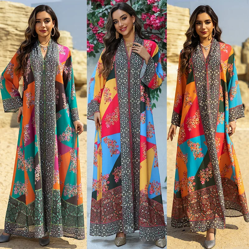 

Модное платье в богемном стиле с принтом, стильное платье с декором из страз, консервативное платье, роскошная абайя в стиле Ближнего Востока