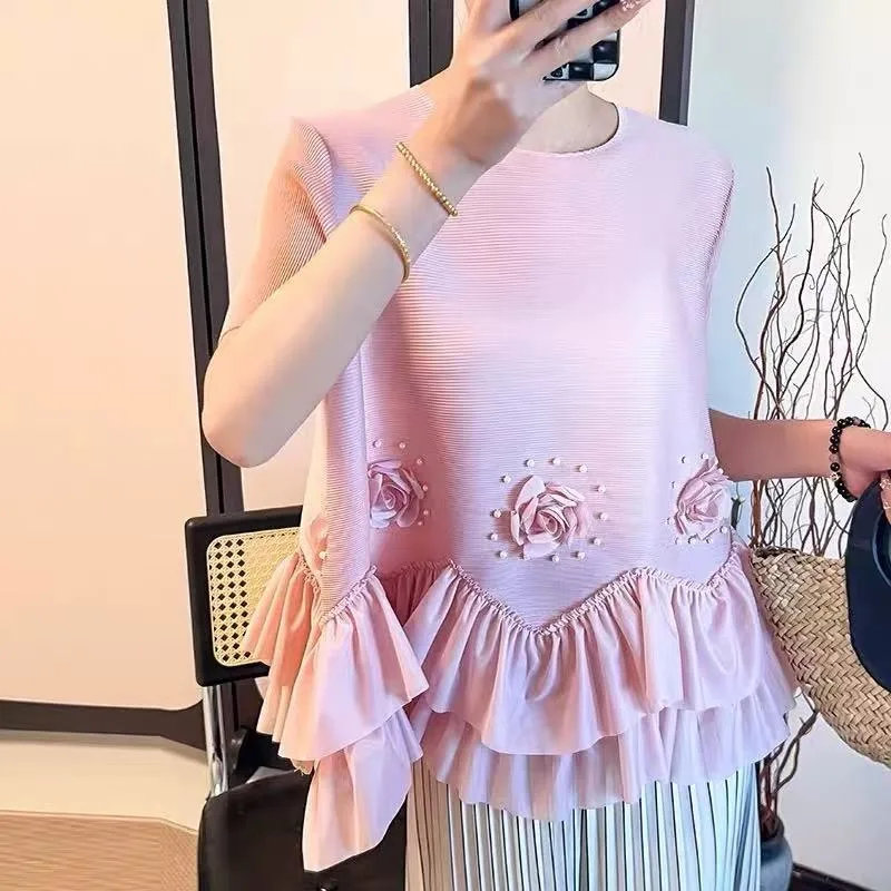 Miyake Pleated 2026 New Original Spring Summer Casual Pleated Short Sleeve 3D Fashion Flower Heavy Craft Flower Flutter Top