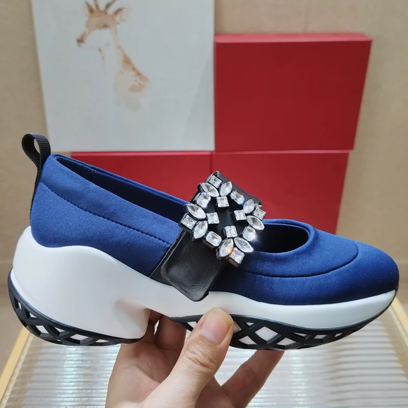 high-quality Thick sole satin luxury rhinestones square buckle casual platform light women\'s shoes running shoes 7CM   34-42