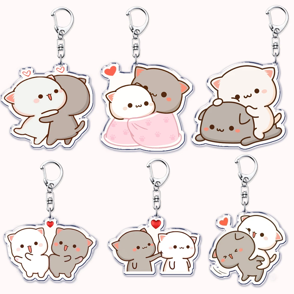 Cute Peach e Goma Acrylic Cat Keychains, anel de afago para casais, acessórios para bolsa, chaveiro pingente, jóias para fãs, presentes para amantes