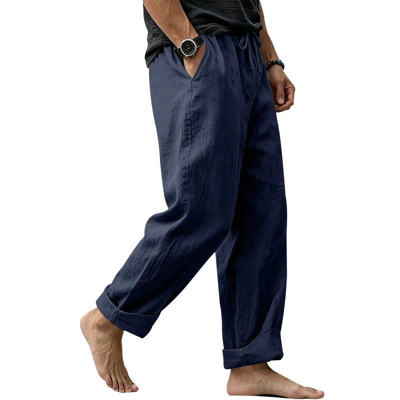 Sommerliche Herren-Leinenhose, Lässige Hawaiian-Hose mit Elastischem Kordelzug, Atmungsaktive Gerade Lange Hose mit Taschen für Alltag und Zuhause – Detail 10