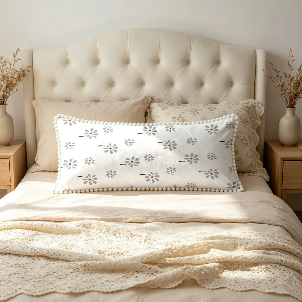 1PC White Background with Grey Small Daisies and Blue Leaves, Minimalist Modern Nordic Floral Long Pillow Cover with Pom Pom T