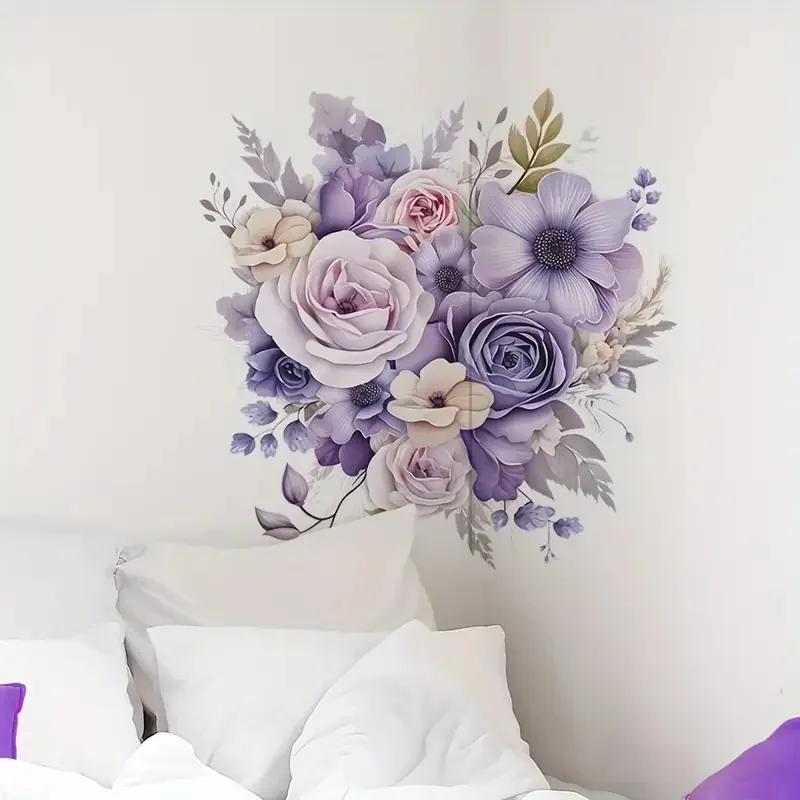 Elegant Purple Floral Wall Decals - Self-Adhesive, Removable PVC Stickers for Bedroom Cabinet, Door Refrigerator，Vinyl Car Decal