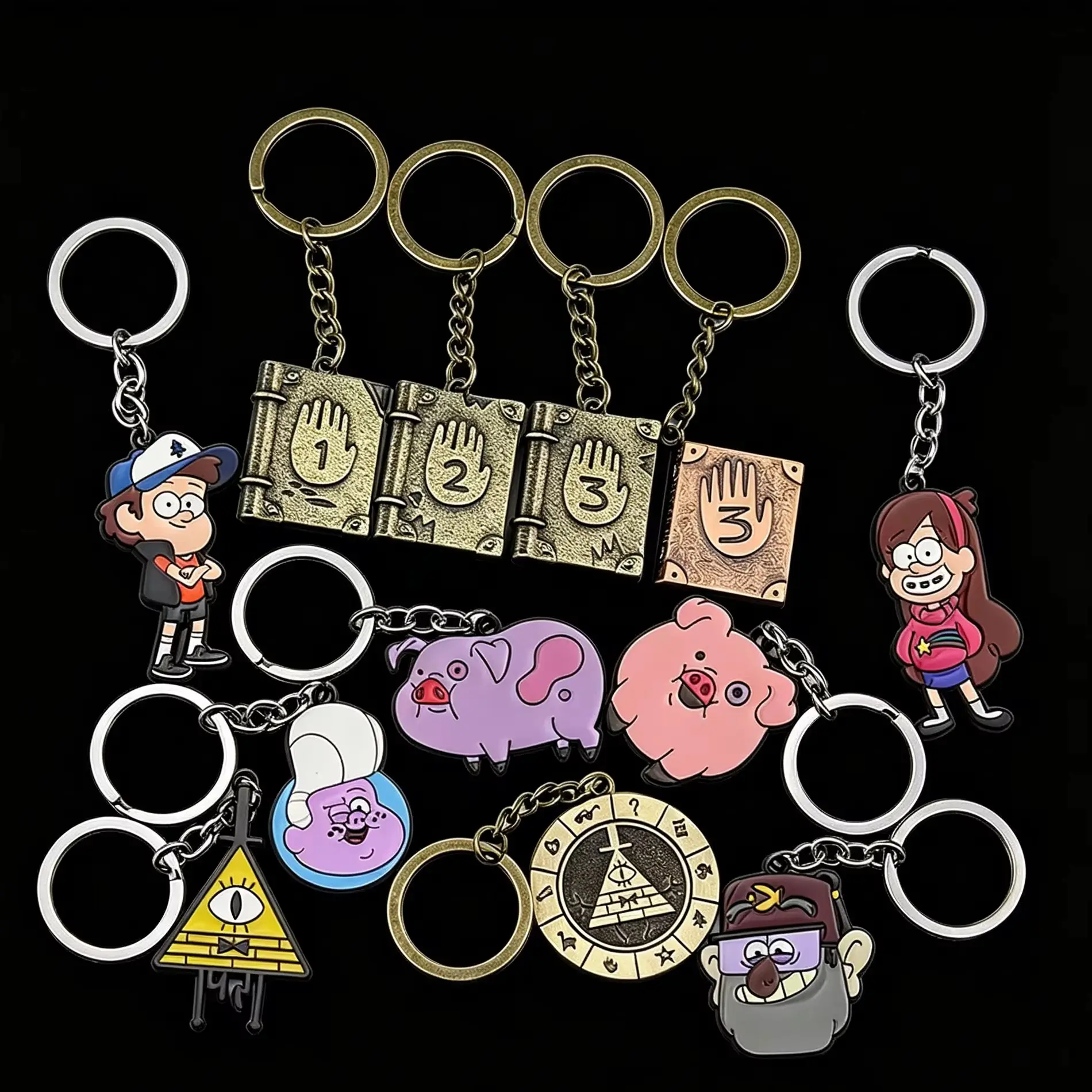 Mysterious Town Cute Pig and Book Styling Dipper Pines Mabel Anime Keychain Necklace Pines Waddles Bill Cipher Grunkle Stan Gift