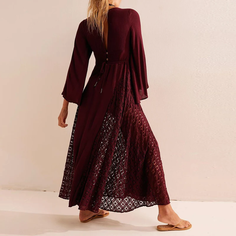 Women Lace Embroidery Crochet Hooks Long Dresses Sexy V Neck Hollow A-Line Party Dress Spring Autumn Flare Sleeve Tie-up Vestido