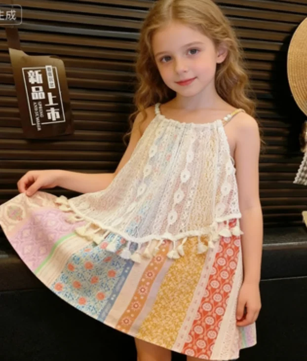 Summer New Korean Version of Girls Fashionable Print Fringed Suspender Skirt Girls Cute Bohemian Dress Fashion Wear