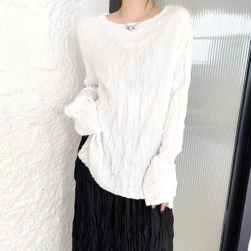 

SuperAen Designed Pleated Round-neck T-shirt 2026 Autumn New European and American Style Fashion Loose Long-sleeved T-shirts