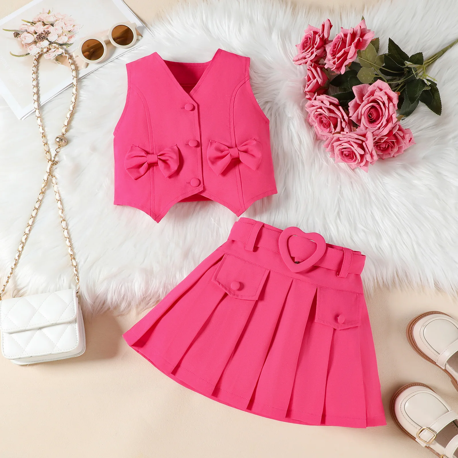 1-6Y طفل صغير الفتيات وتتسابق الصلبة الانحناء زر حتى الخامس الرقبة بلوزات بلا اكمام البسيطة مطوي تنورة حزام 3 قطعة مجموعات الأطفال #2