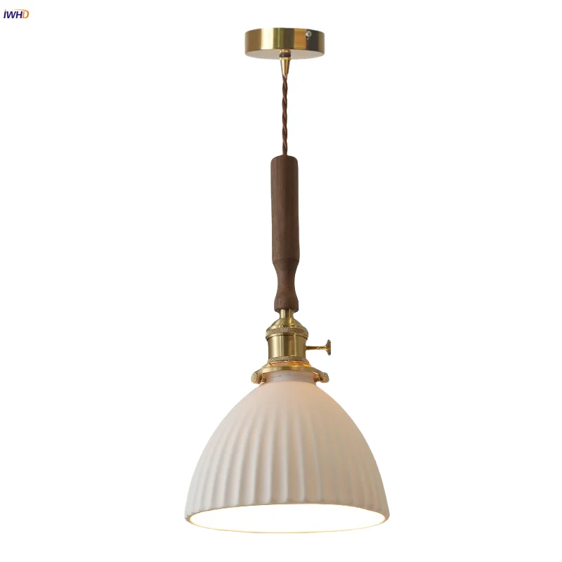 

IWHD Copper Socket LED Pendant Lights Dining Room Coffee Balcony Wood Home Decor Knob Switch Nordic Modern Hanging Lamp Lighting