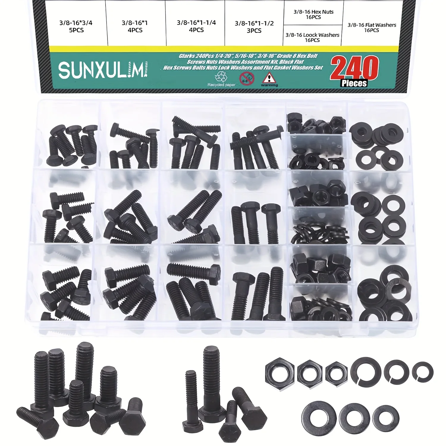 

240Pcs 1/4"-20, 5/16"-18, 3/8"-16 Grade 8 Hex Bolt Screws Nuts Washers Assortment Kit, Black Flat Hex Screws Bolts Nuts Lock