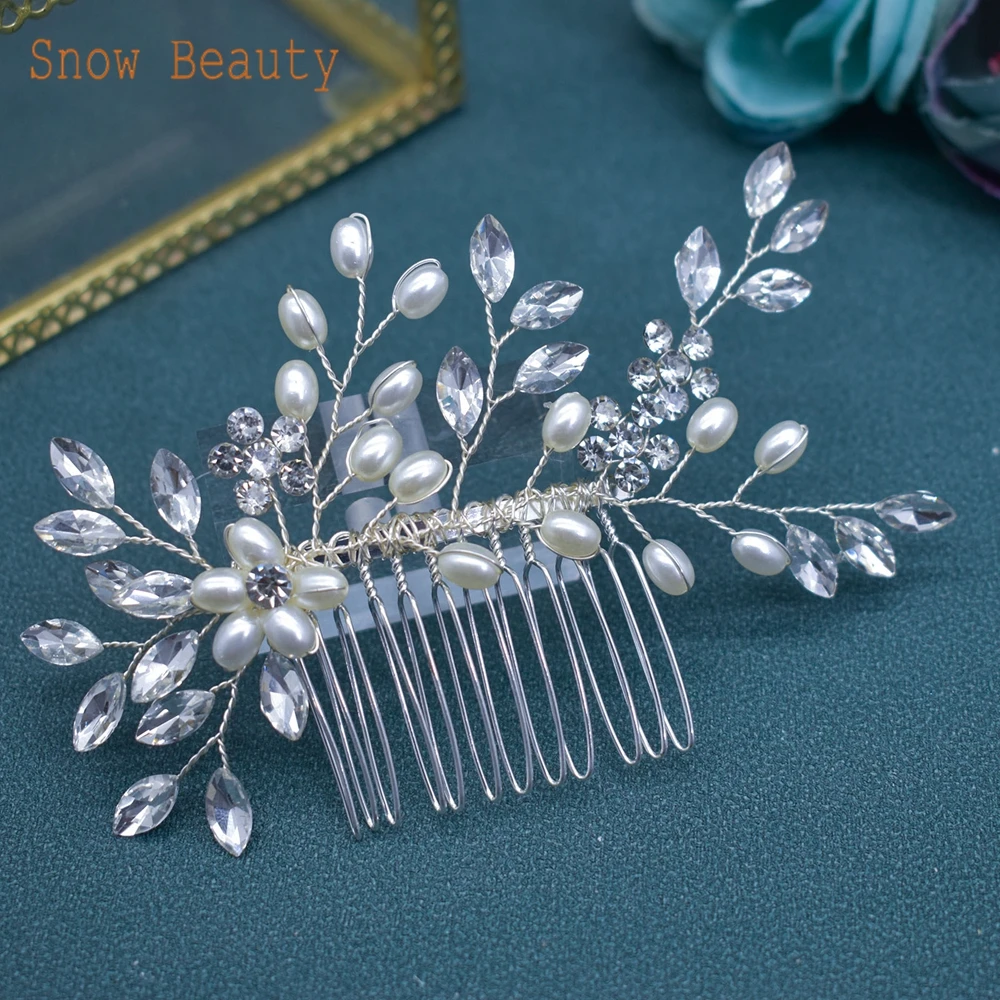 A467 Bride Headdress Hair Comb Handmade Bridal Hair Clip for Party Tiara Pearl Headpieces Handmade Wedding Hair Accessories